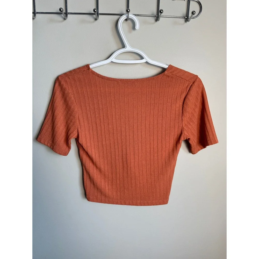 Zara Ribbed Twist Front Crop Top Small Burnt Orange Short Sleeve Boho Indie Chic - Picture 3 of 9